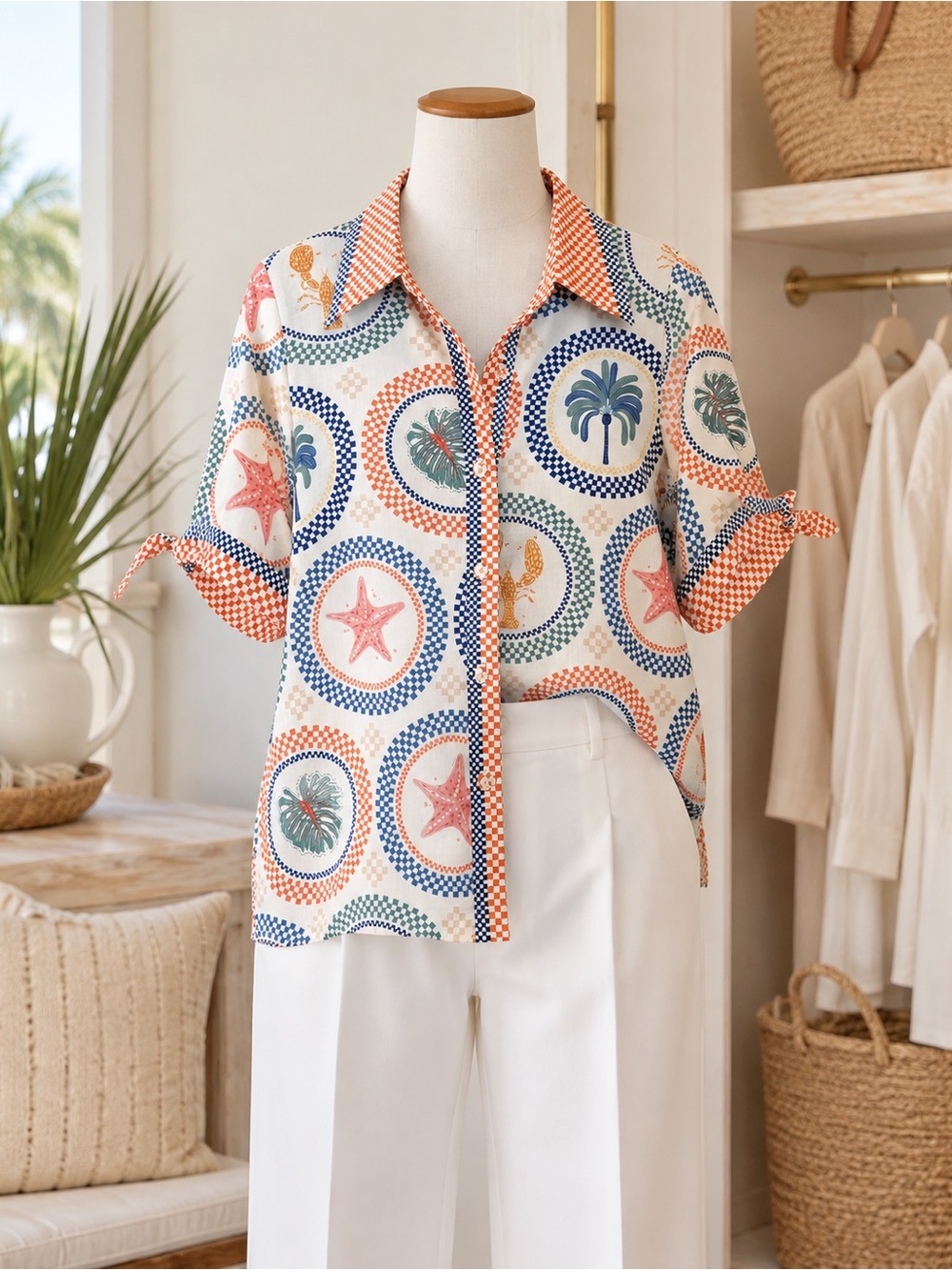 Joy Joy Printed Button Shirt - tropical medallions tie linen blend sleeve NWT